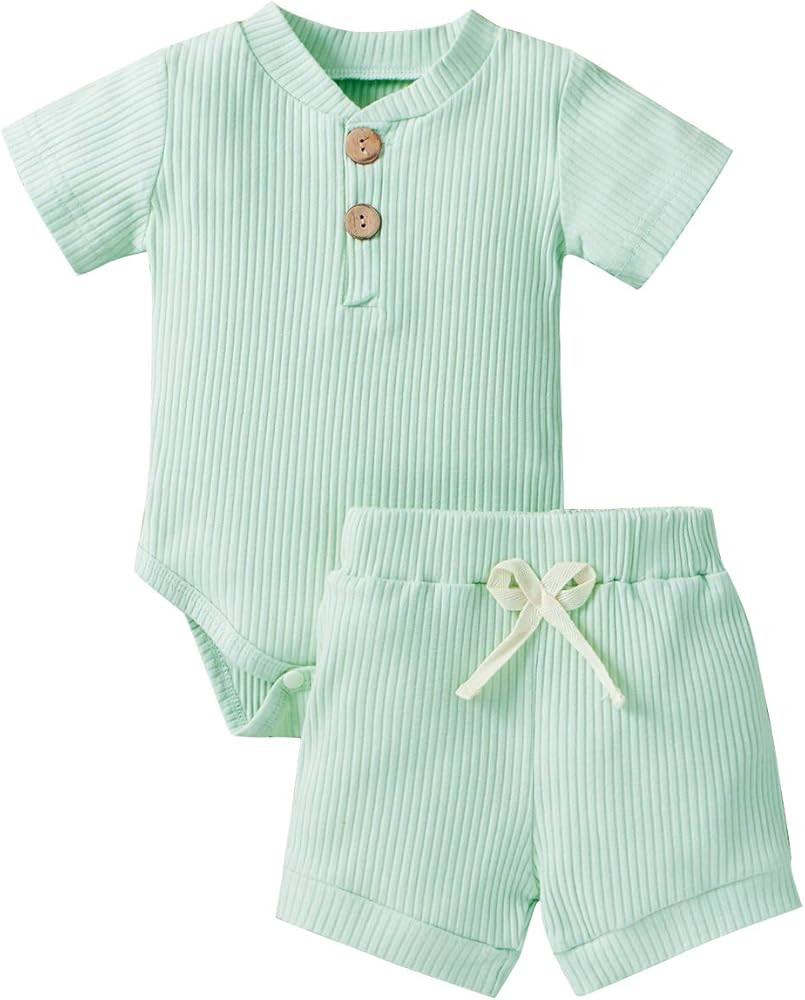 Ledy Champswiin Summer Newborn Baby Boy Girl Clothes Set Ribbed Outfits Unisex Infant Solid Short... | Amazon (US)