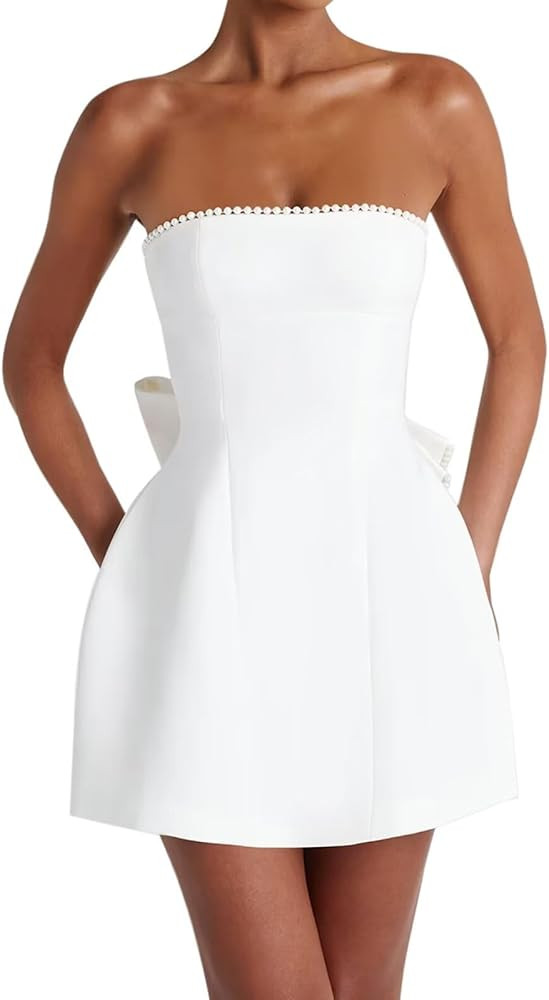 Mini Homecoming Dresses Pearl Satin Evening Dress with Bow Strapless Formal Party Gowns | Amazon (US)