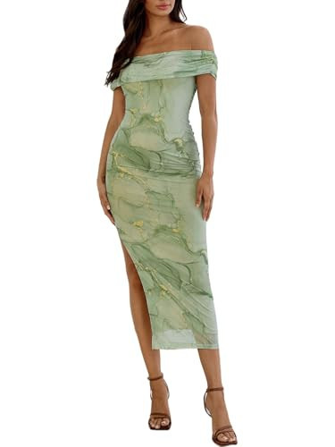 Floerns Women's Floral Print Off Shoulder Short Sleeve Ruched Bodycon Long Dress | Amazon (US)