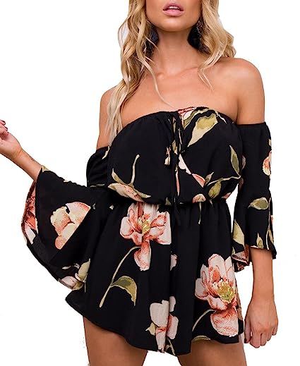 Relipop Women's Summer Floral Off Shoulder 3 4 Sleeves Romper Jumpsuit | Amazon (US)