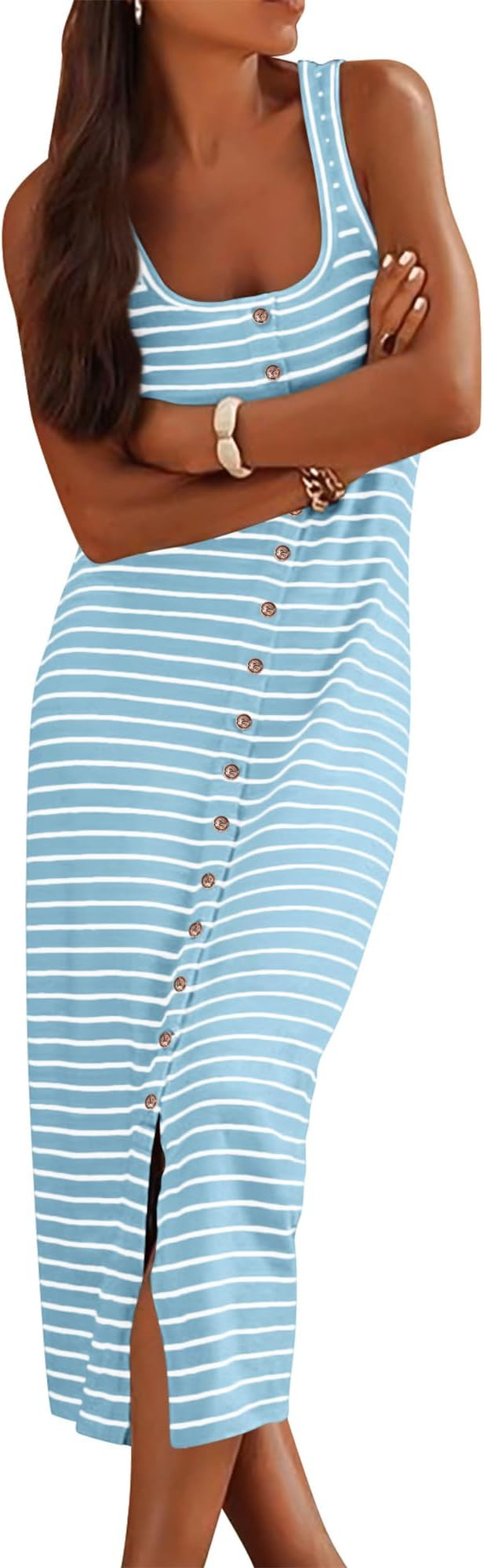 NOLLSOM Women Casual Sleeveless Striped Tank Midi Dresses Spring U Neck Bodycon Dresses T Shirt S... | Amazon (US)