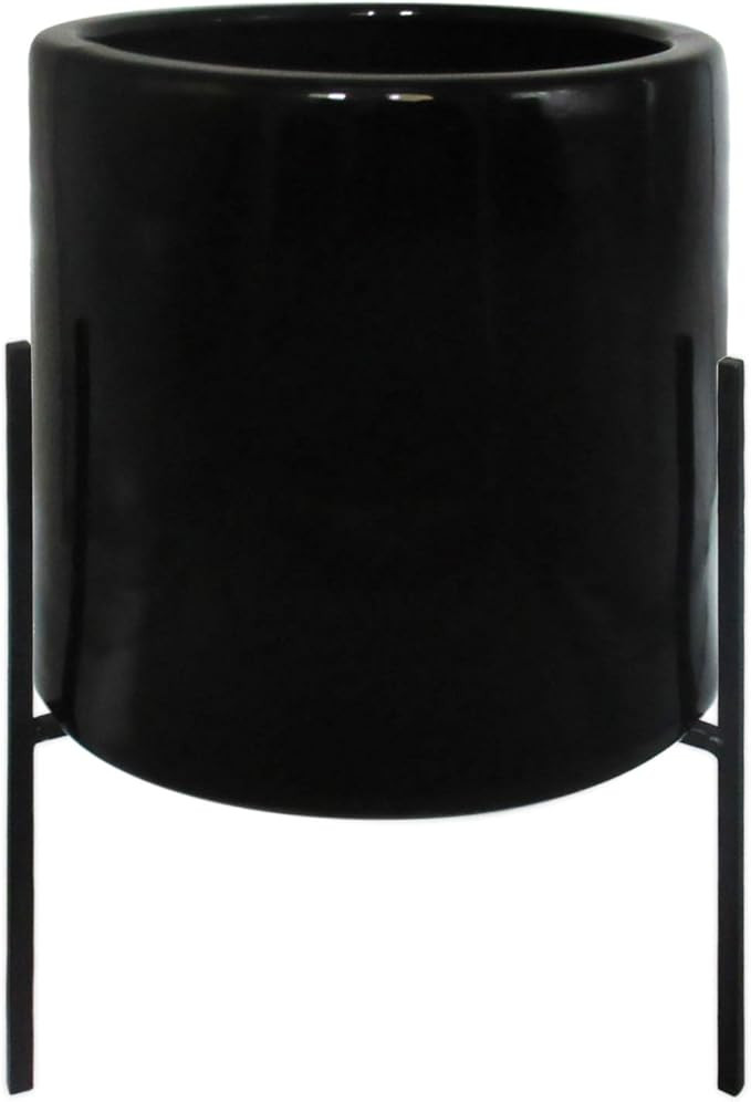 Amazon Brand – Rivet Mid-Century Ceramic Planter with Iron Stand, 17"H, Black | Amazon (US)