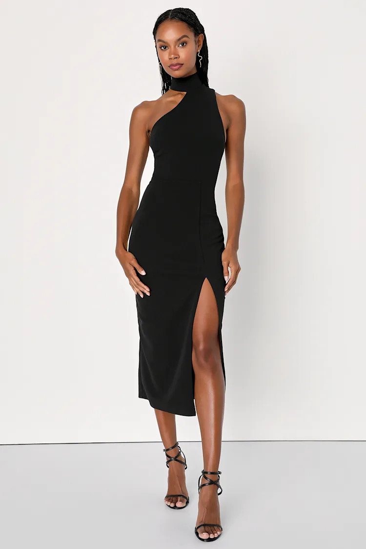 Keep It Interesting Black Asymmetrical Cutout Halter Midi Dress | Lulus