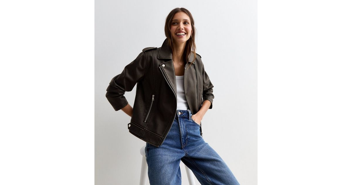 Black Washed Heavy Leather Look Biker Jacket 
						
						Add to Saved Items
						Remove from S... | New Look (UK)