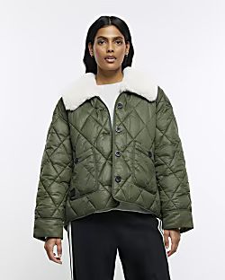 Khaki faux fur collar padded jacket | River Island (UK & IE)