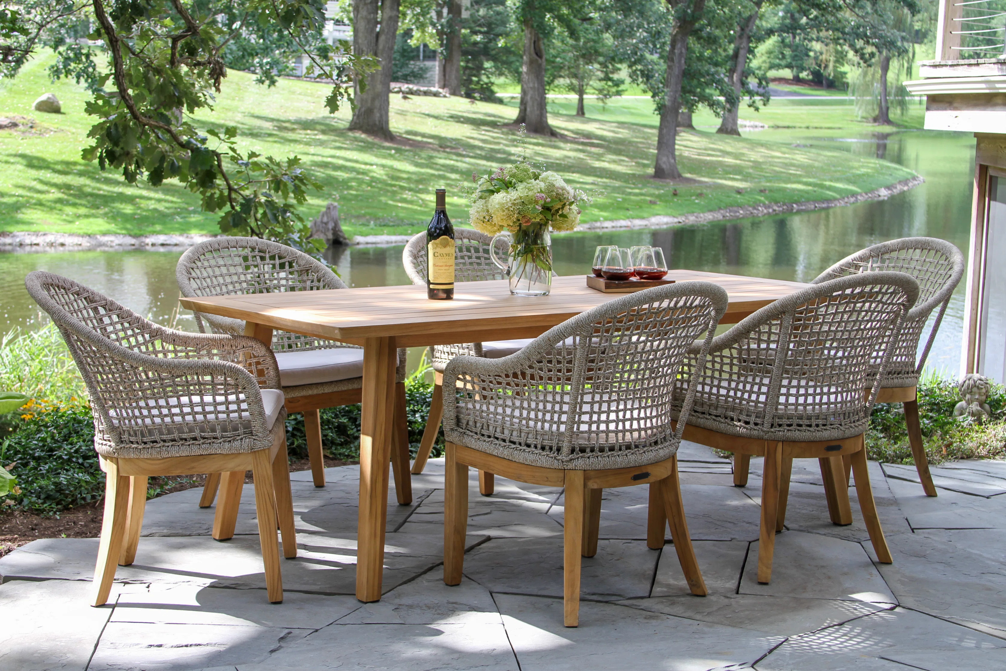Craighead 7 Pc. Teak & Wheat Rope Dining Set With Sunbrella Cushions | Wayfair North America
