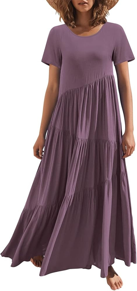ANRABESS Women’s Casual Loose Maxi Dress Short Sleeve Crewneck Asymmetric Swing Tiered Beach Long Dr | Amazon (US)