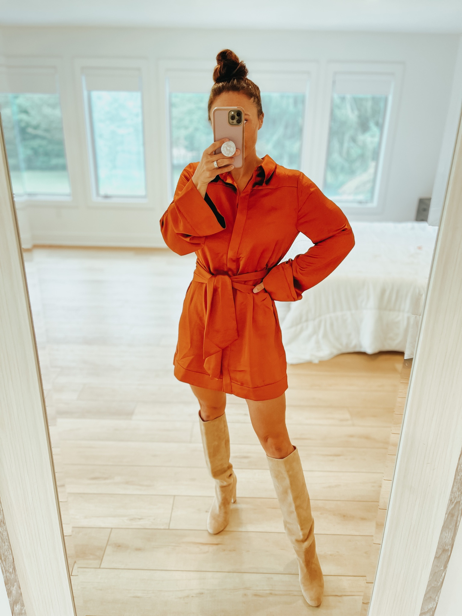 Revolve wrap dress
Satin dress
Fall fashion 
Tan knee high boots 
Dress fits true to size. 

#LTKstyletip #LTKshoecrush #LTKsalealert