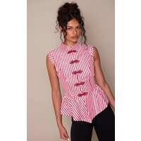 Red Stripe Interest Button High Neck Sleevless Top | PrettyLittleThing US
