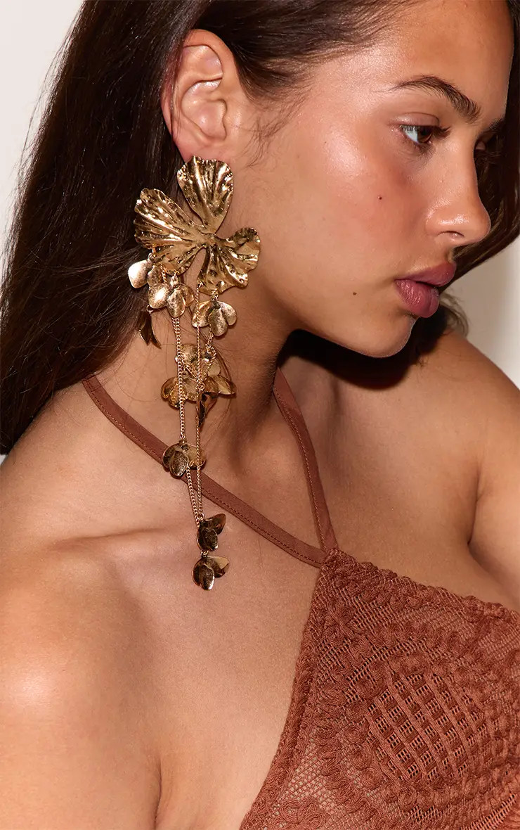 Gold Flower Drape Statement Earrings | PrettyLittleThing USA | PrettyLittleThing US