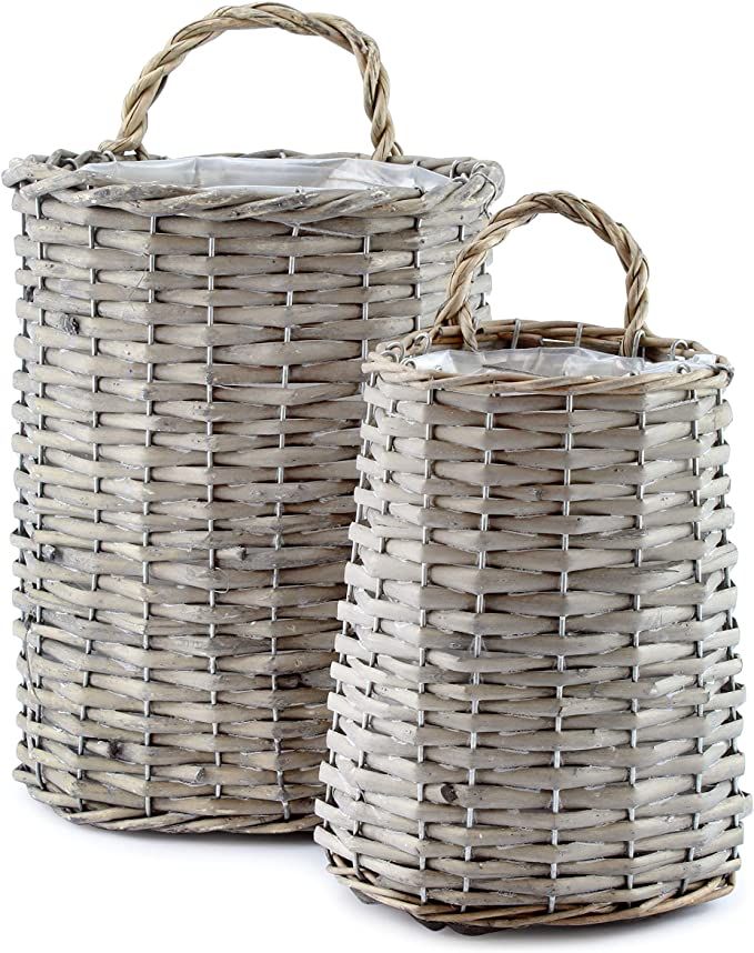 AuldHome Wall Hanging Baskets (Set of 2); Woven Wicker Rustic Farmhouse Gray Washed Door Baskets,... | Amazon (US)