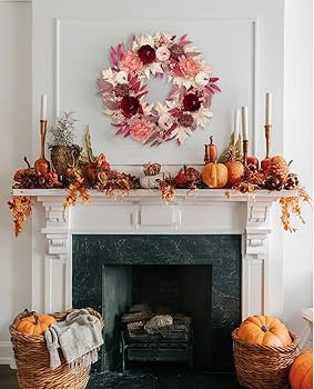 Briful 26" Artificial Fall Wreath with Velvet Pumpkins, Chrysanthemums & Pink Maple Eucalyptus Le... | Amazon (US)