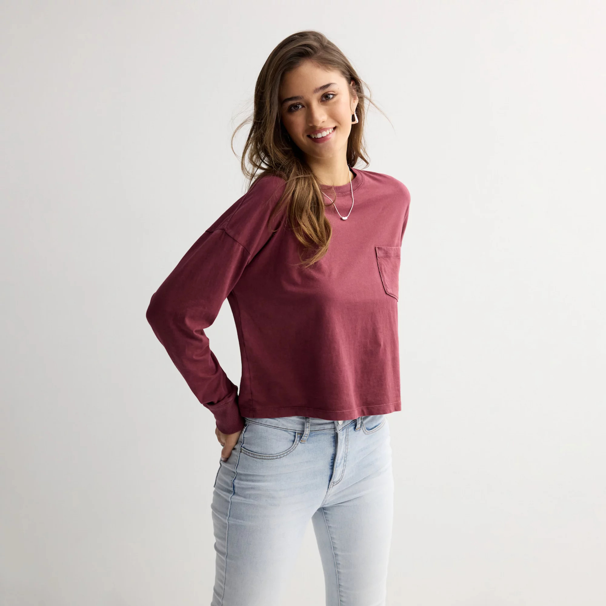 Juniors' SO® Boxy Crop Long Sleeve Pocket Top | Kohl's