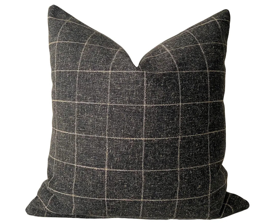 Charcoal Grey & Cream Check Pillow Cover // Hand Made Throw Pillow, Black White Gray, Modern Meta... | Etsy (US)