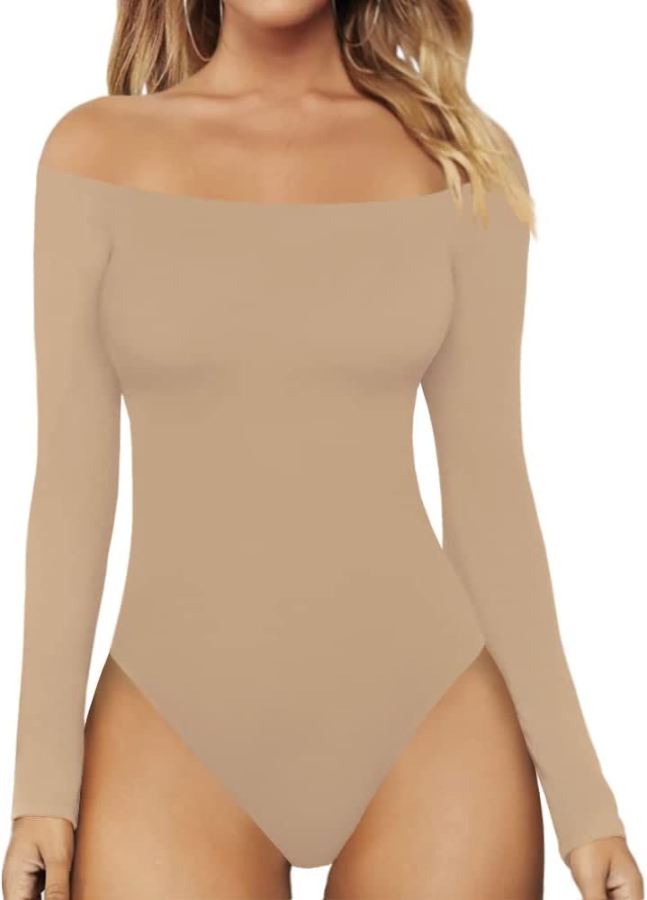 MANGOPOP Womens Off Shoulder Short Sleeve Long Sleeve Tops T Shirt Bodysuit Jumpsuit | Amazon (US)