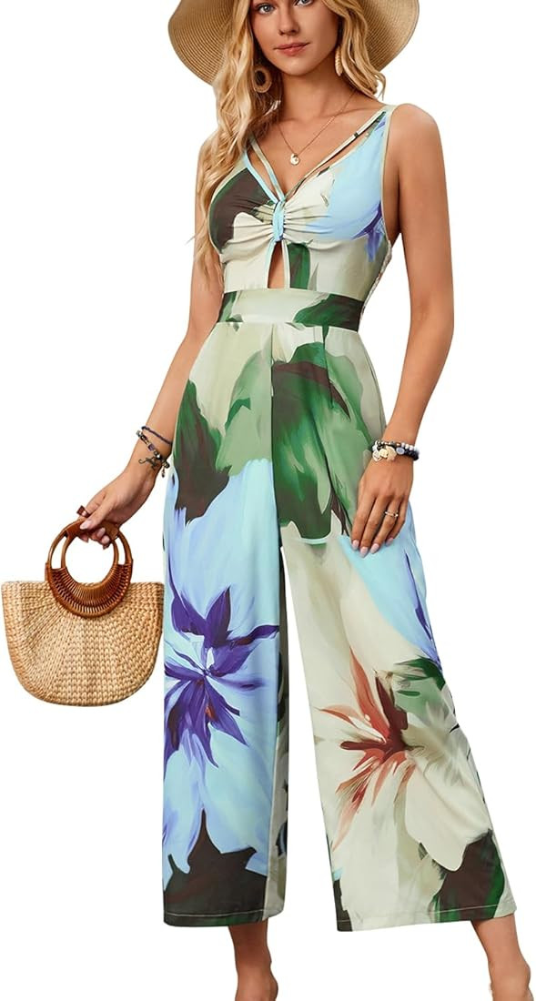 Velius Women's V Neck Keyhole Elegant Backless Tropical Floral Print Wide Leg Jumpsuit | Amazon (US)