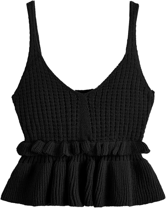SweatyRocks Women's Casual Knit Top Sleeveless Ruffle Hem V Neck Peplum Crop Tank Top | Amazon (US)