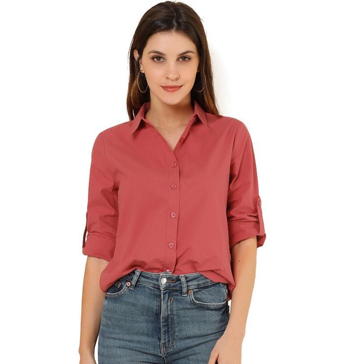 Allegra K Women's Button Down Shirts Collared Roll-up Long Sleeve Shirt | Target