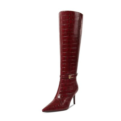 Knee High Boots Women Stiletto High Heel 3.3in, Side Zipper Pointed Toe Metal Buckle Tall Boots D... | Amazon (US)