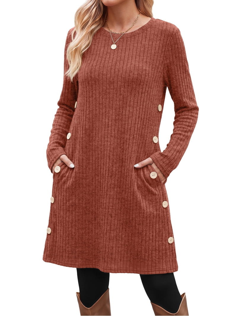 Fantaslook Long Sleeve Womens Dresses Crew Neck Buttons Tunic Sweater Dress with Pockets | Walmart (US)