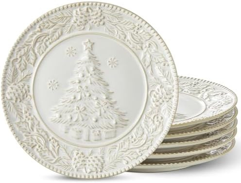 Cream White Christmas Tree Salad Plates, 8 Inch Ceramic Plate Set, Appetizer Dishes for Pasta, Si... | Amazon (US)