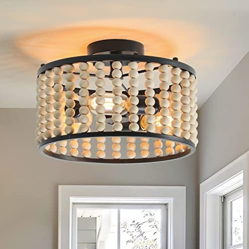 Tewei Wood Bead Chandelier , Semi Flush Mount Ceiling Light Rustic 3 Lights Boho Farmhouse Bohemia C | Amazon (US)