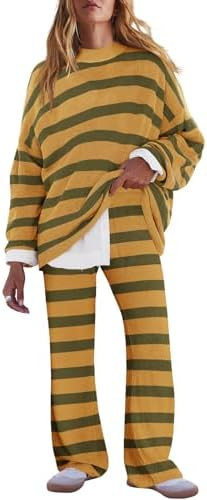 LAMISSCHE Oversized Womens Lounge Set Striped Sweater Set Long Sleeve 2 Piece Pajama Set Top and ... | Amazon (US)