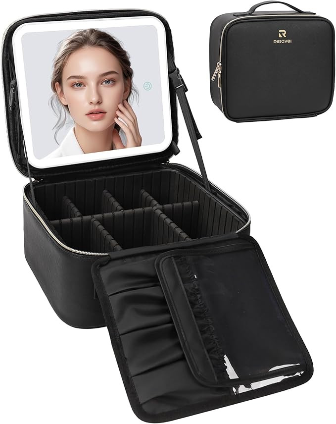 Relavel Makeup Bag with Light Up Mirror, Makeup Case Travel Cosmetic Bags Brush Organizer Storage... | Amazon (US)