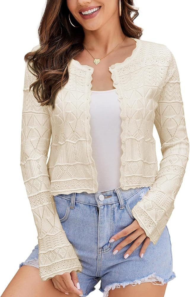 FAIRY SEASON Women's Cropped Cardigan Sweater Bell Long Sleeve Lightweight Crochet Button Down Kn... | Amazon (US)