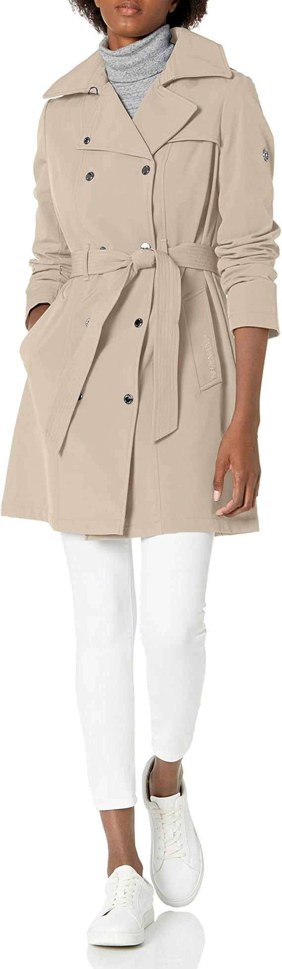 Calvin Klein womens Double Breasted Belted Rain Jacket With Removable Hood | Amazon (US)