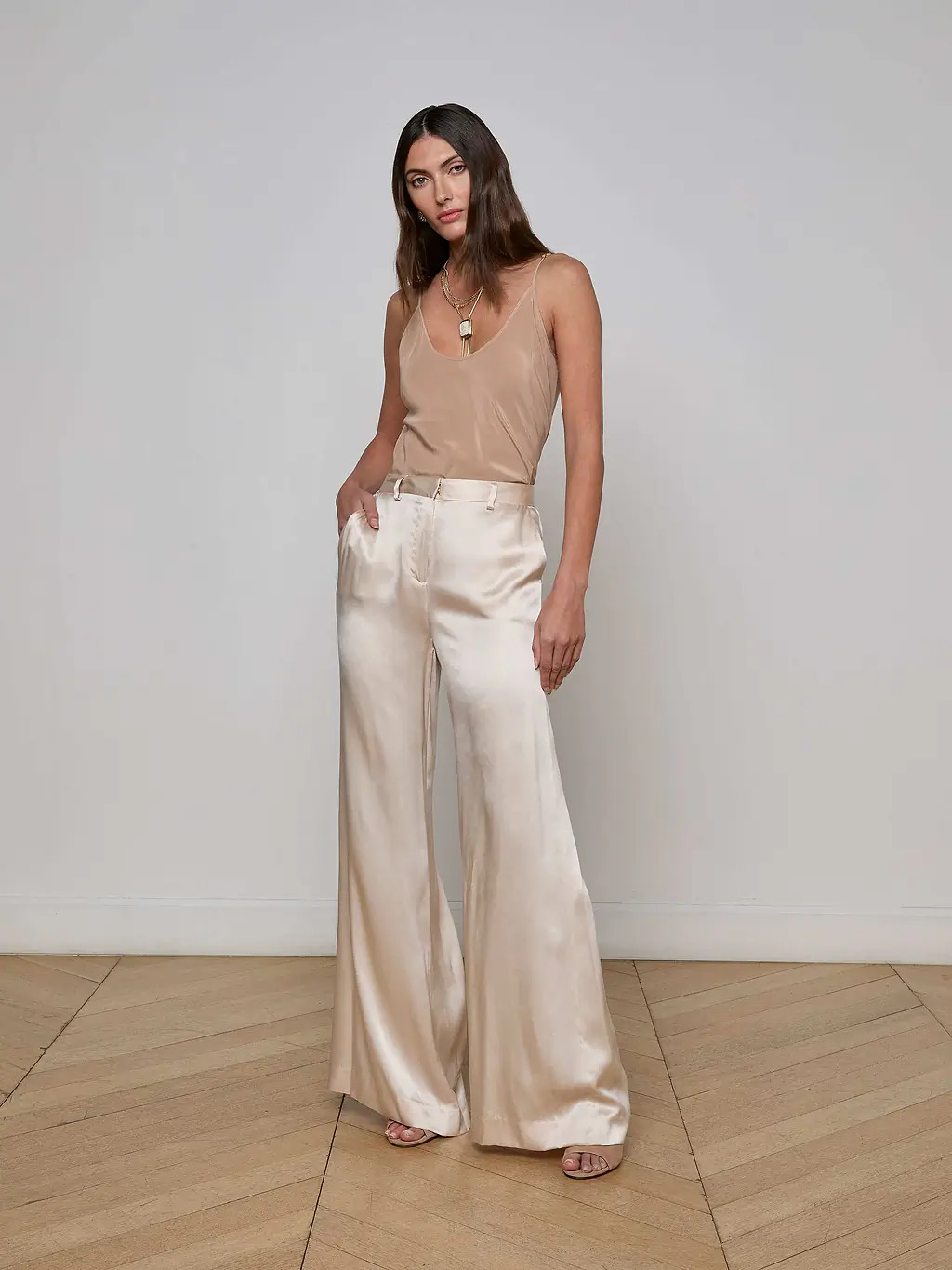 Gavin Silk Wide-Leg Pant in Champagne | L'AGENCE | L'Agence