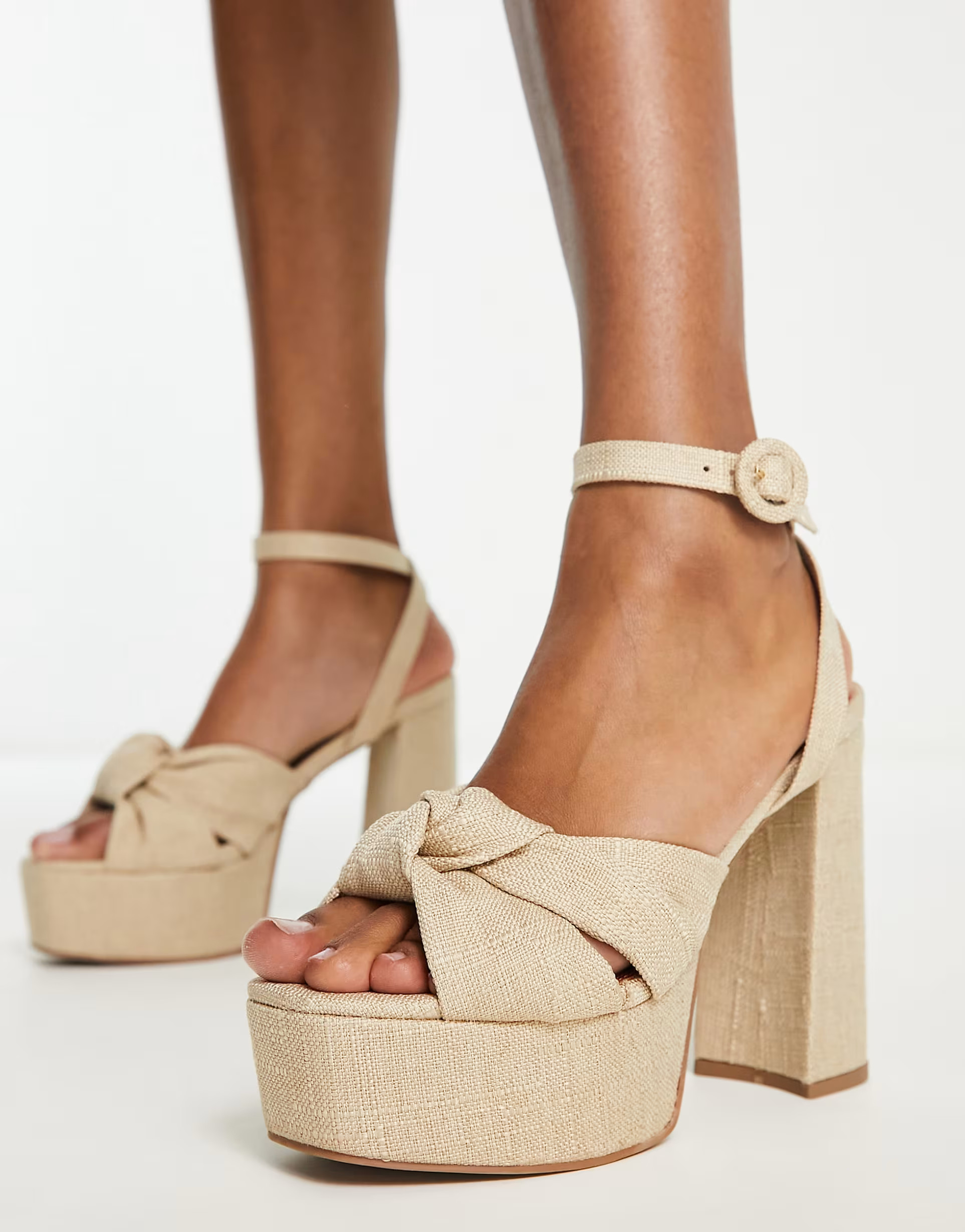 ASOS DESIGN Natia knotted platform heeled sandals in natural fabrication | ASOS | ASOS (Global)