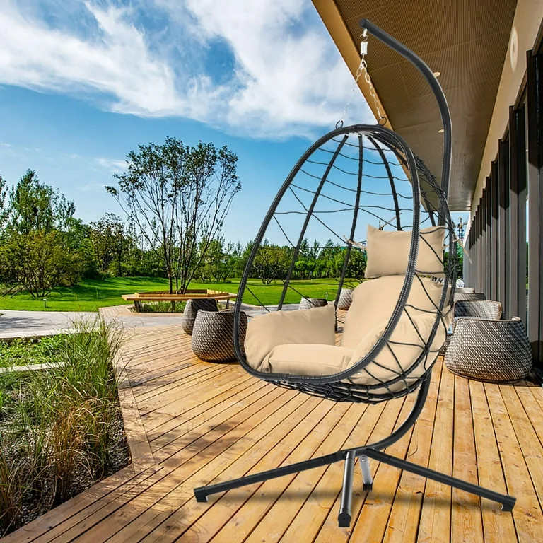 Outdoor Egg Chair, Patio Wicker Swing Egg Chair with Stand, Steel Frame, Soft Cushion and Pillow ... | Walmart (US)