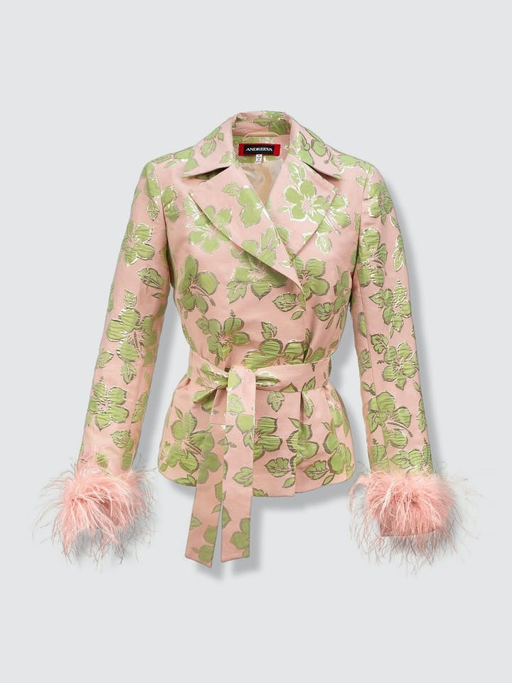 Pink Jacquard Jacket №19 With Detachable Feather Cuffs | Verishop