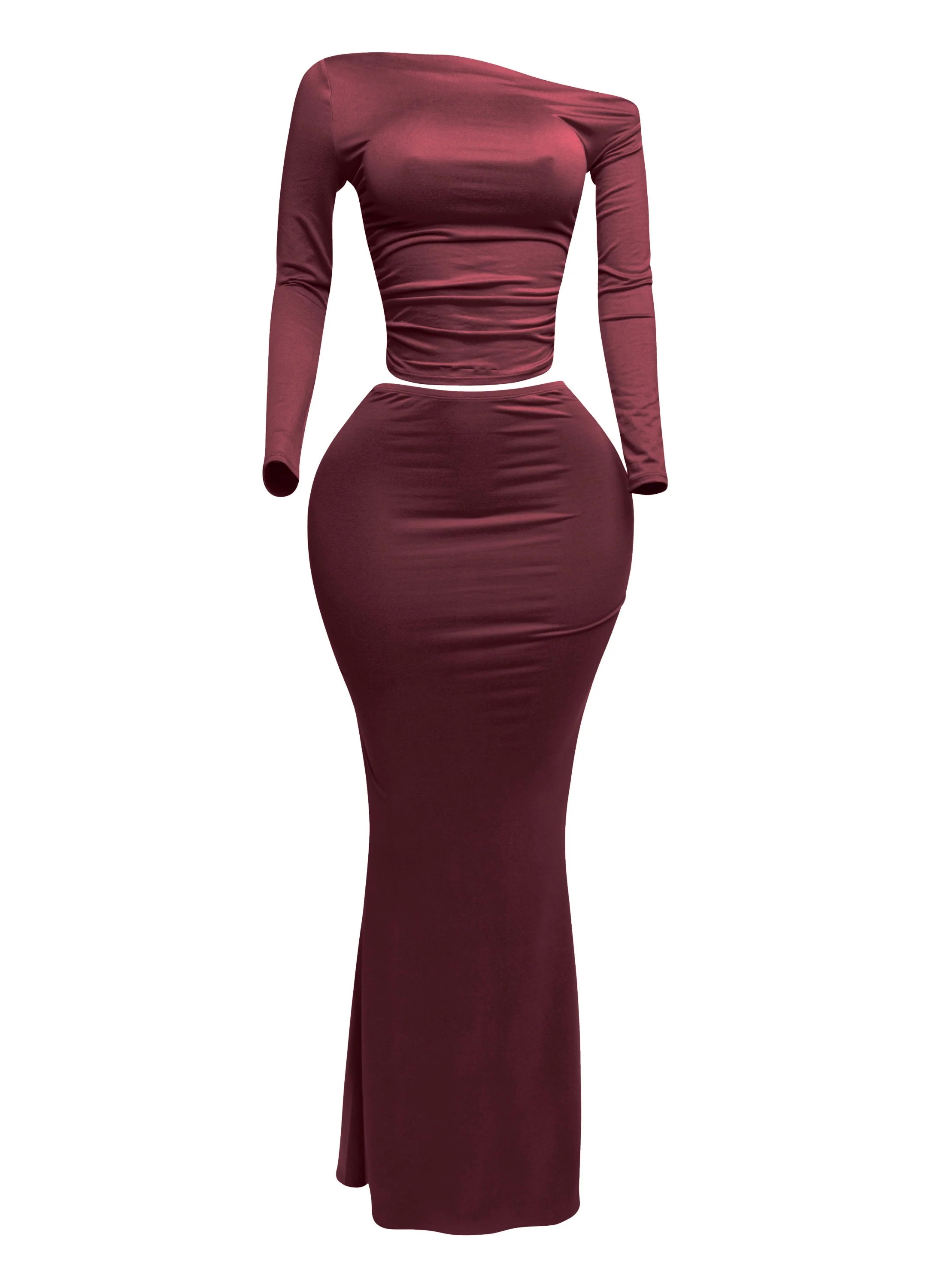 One side off shoulder long sleeve top & maxi skirt set | Bogomore