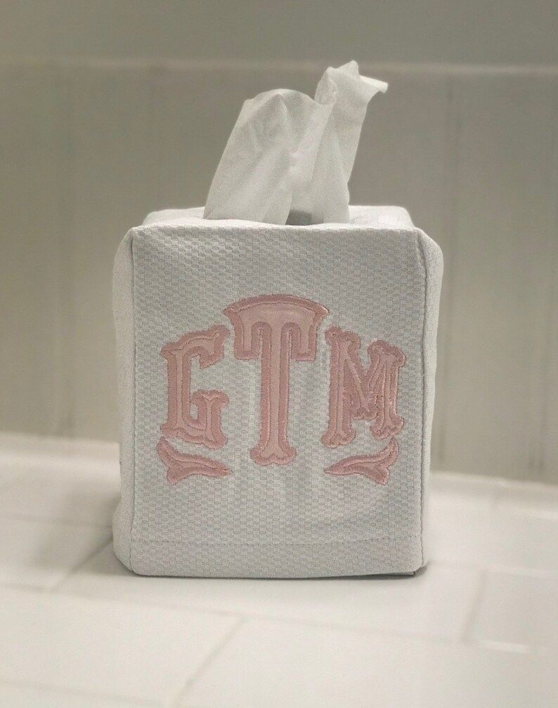 Pique Cotton Applique Tissue Box Cover Monogrammed White Bath Monogram | Etsy (US)