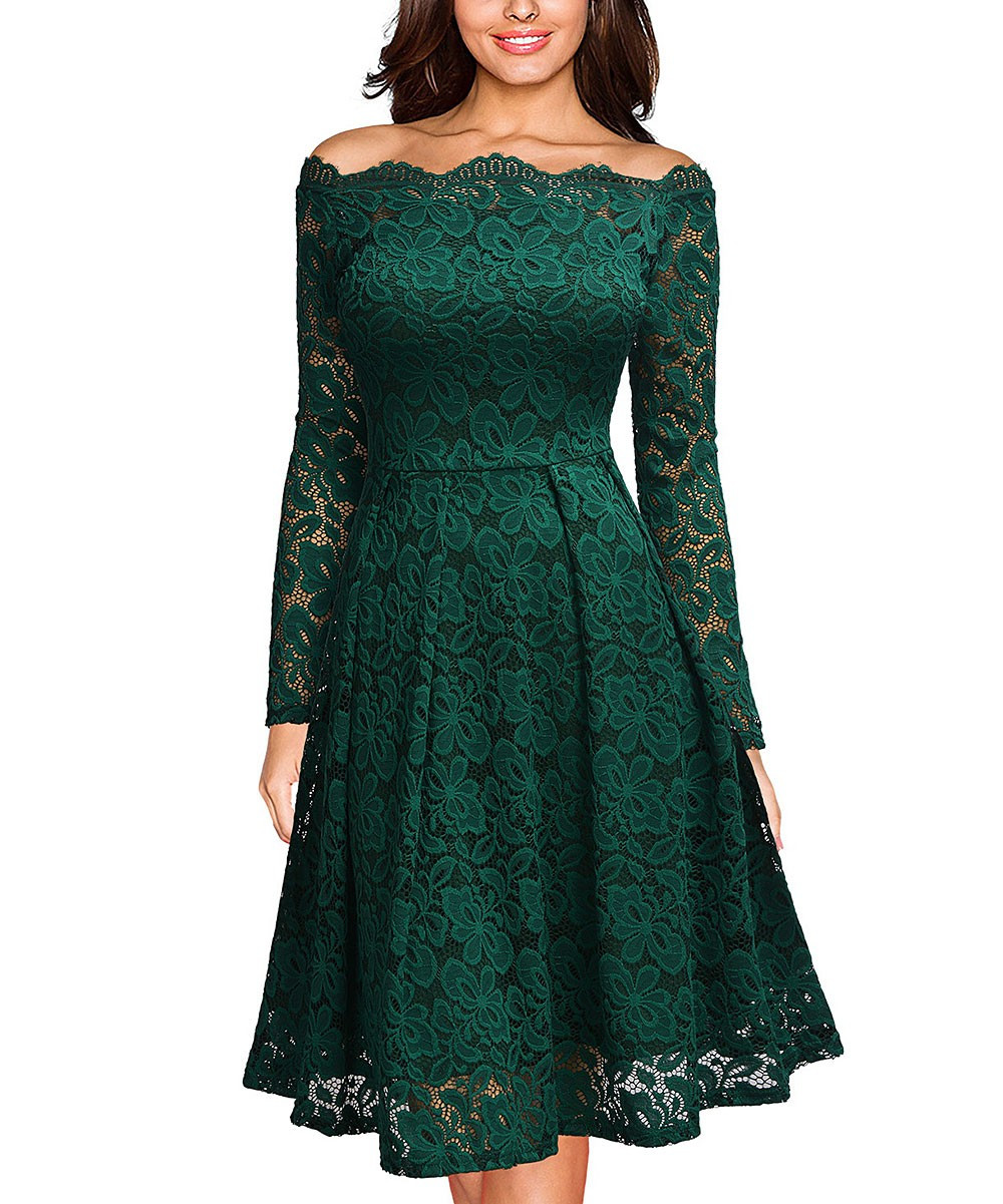 Knitee Women's Casual Dresses Green - Green Lace-Overlay Off-Shoulder Dress - Women | Zulily