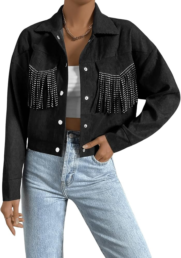 SweatyRocks Women's Rhinestone Fringe Trim Button Front Crop Jacket Long Sleeve Drop Shoulder Blo... | Amazon (US)