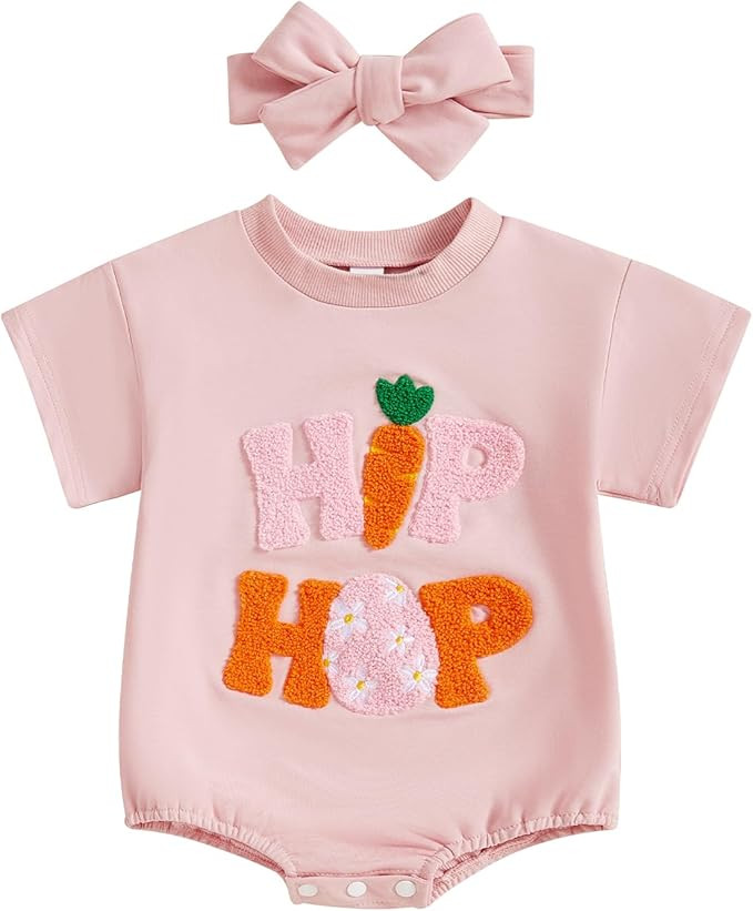 Newborn Baby Girl Easter Outfit Bunny Short Sleeve Bubble Romper Bodysuit Jumpsuit with Headband | Amazon (US)