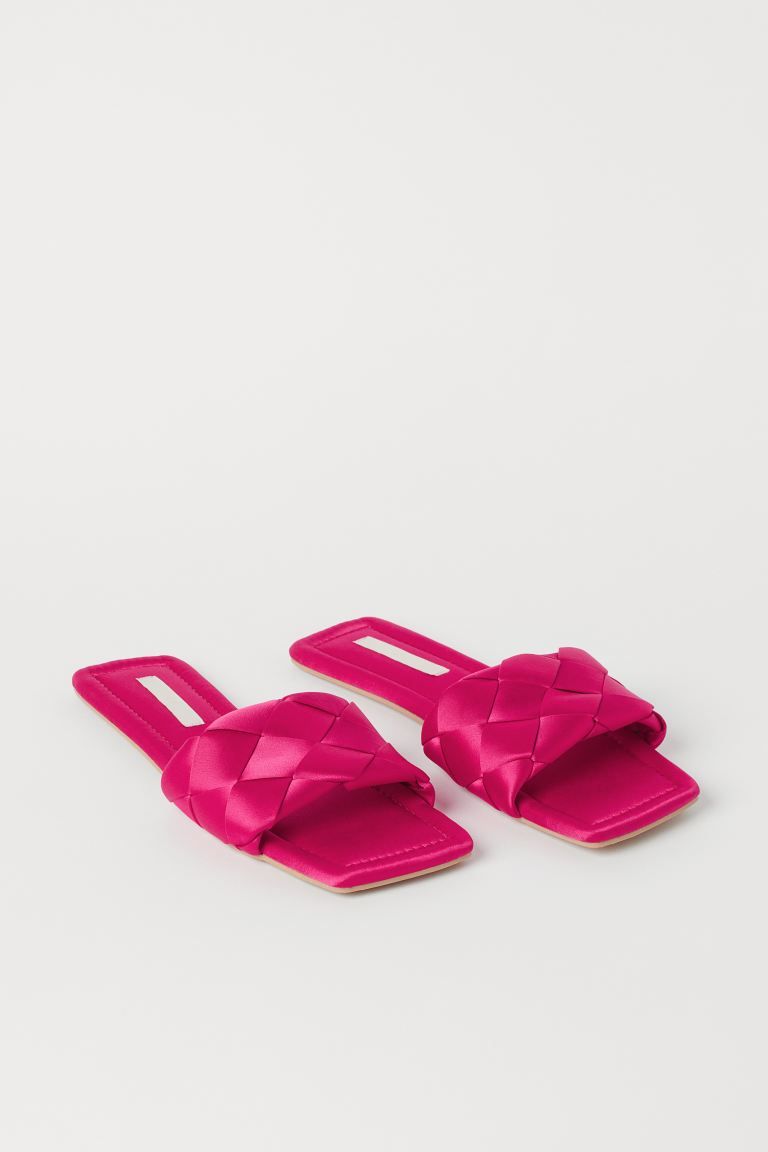 Slipper slides in satin. Square toes, wide, braided foot strap, and square heels. Satin lining an... | H&M (US + CA)