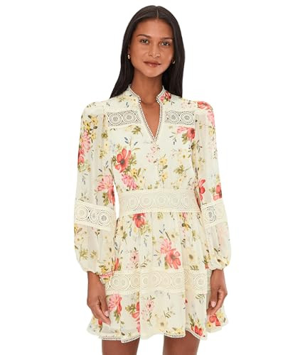Avec Les Filles Womens Long Sleeve Lace Detail Mini Dress Cream Flower Press 6 One Size | Amazon (US)