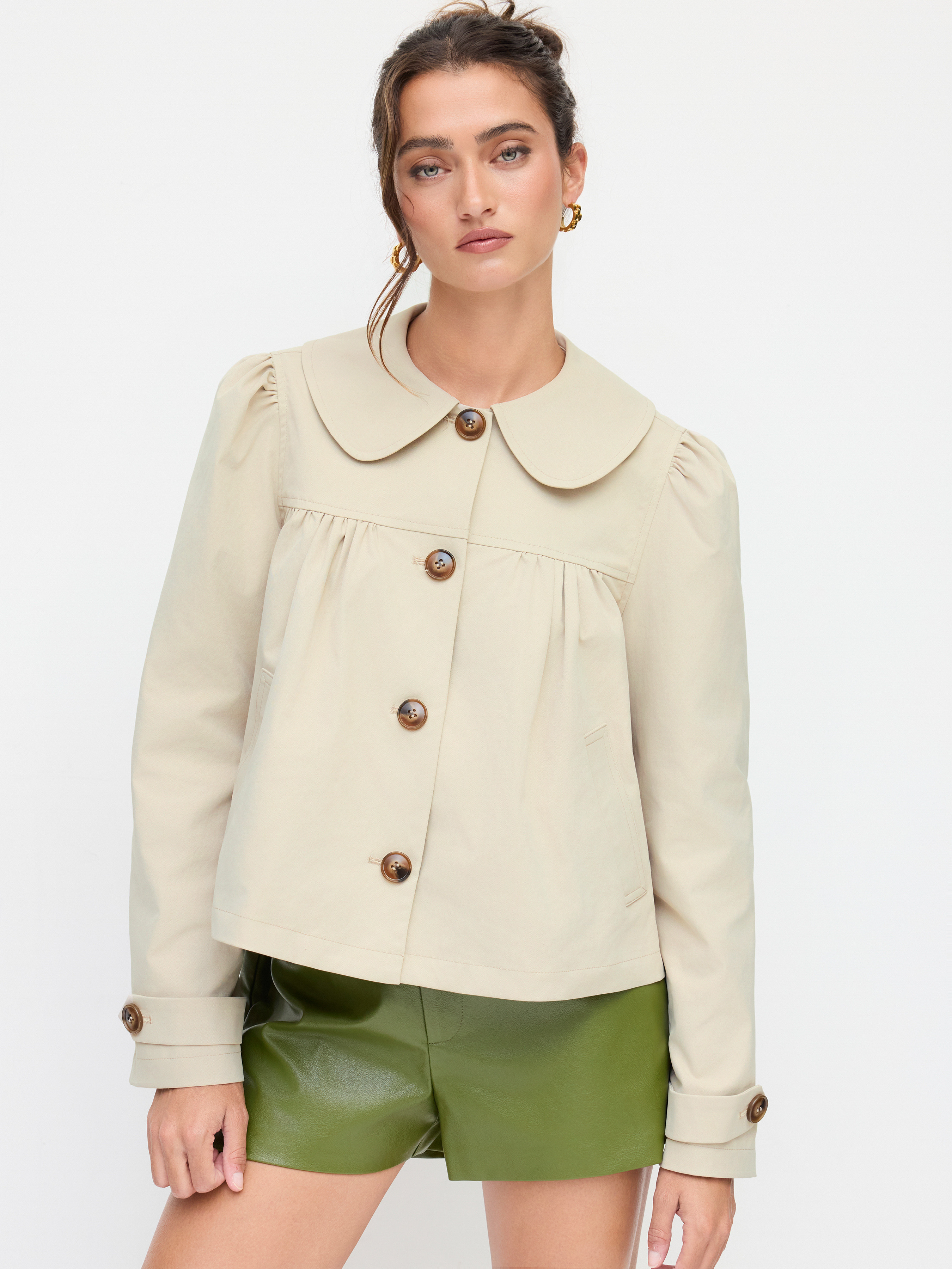 Woven Peter Pan Collar Ruched Oversized Jacket For Daily Casual | Cider