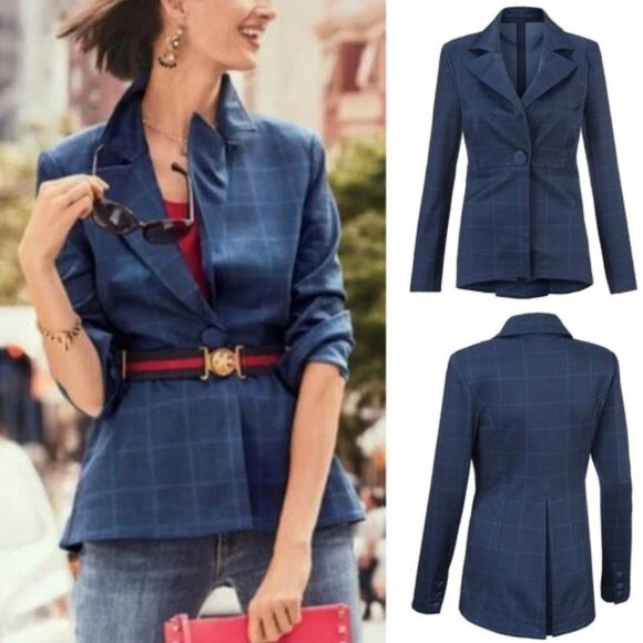 Cabi Sunset Kiss blazer navy blue windowpane check pattern Peplum Hem Sz 12 | Poshmark