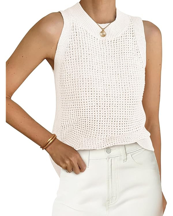 PRETTYGARDEN Summer Crochet Tank Tops for Women 2025 Casual Crewneck Hollow Out Loose Knit Sleeve... | Amazon (US)
