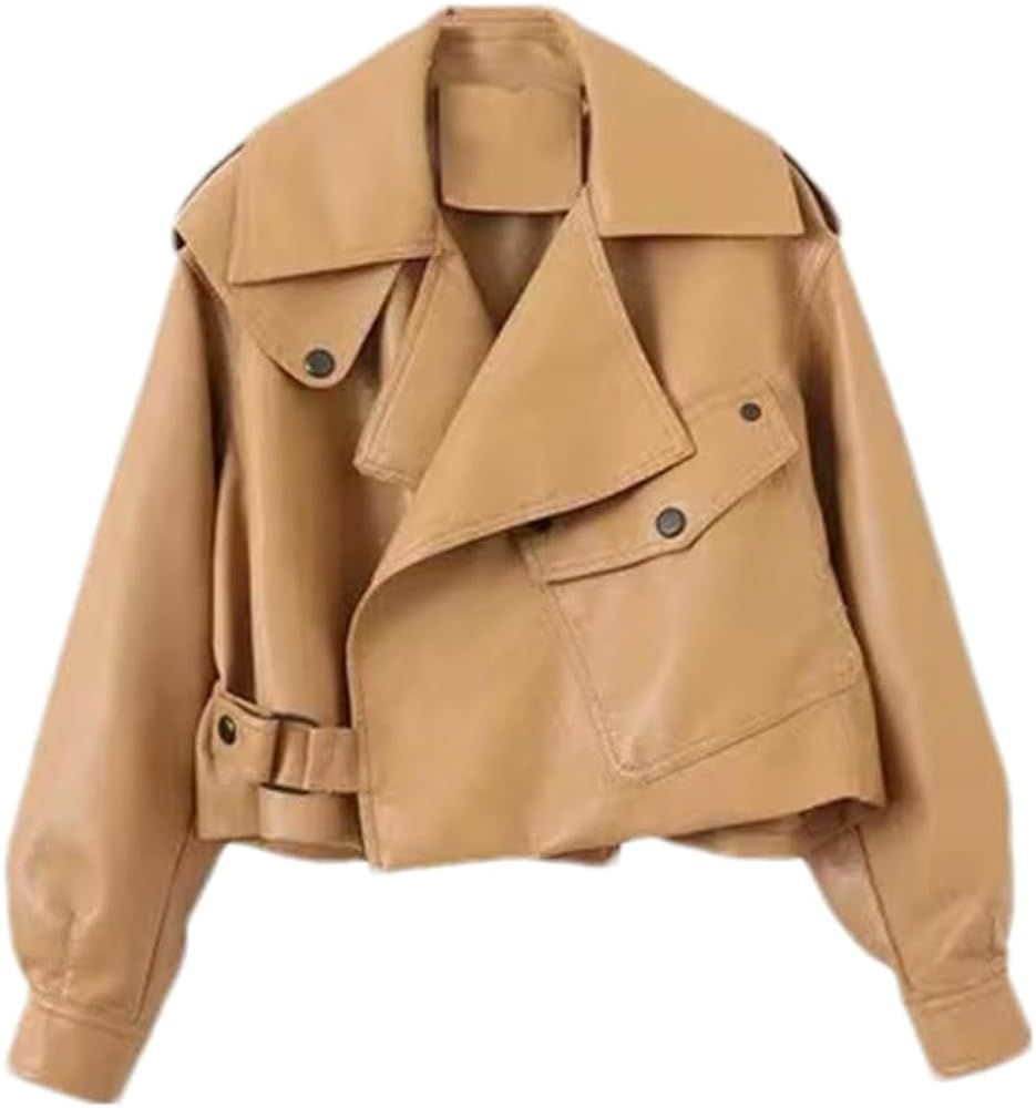Faux Soft Leather Jacket Women Fashion White Loose PU Leather Short Coat One Button Locomotive Ch... | Amazon (US)