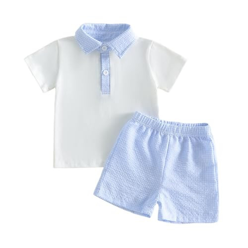 Xiaodriceee Toddler Baby Boy Summer Clothes Lapel Collar Short Sleeve T Shirt Plaid Shorts Set Cute Baby Boy Summer Outfit(A-White, 0-6 months) | Amazon (US)
