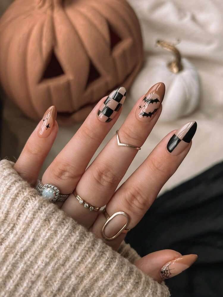 24 Pieces Almond Shaped Halloween Nails Bat Spider Web Checkerboard Press On Nails Short Suitable For Women And Girls Halloween Fake Nails With Jelly Glue 1 Piece 1 Rubbing Strip Nail Supplies Nails | SHEIN