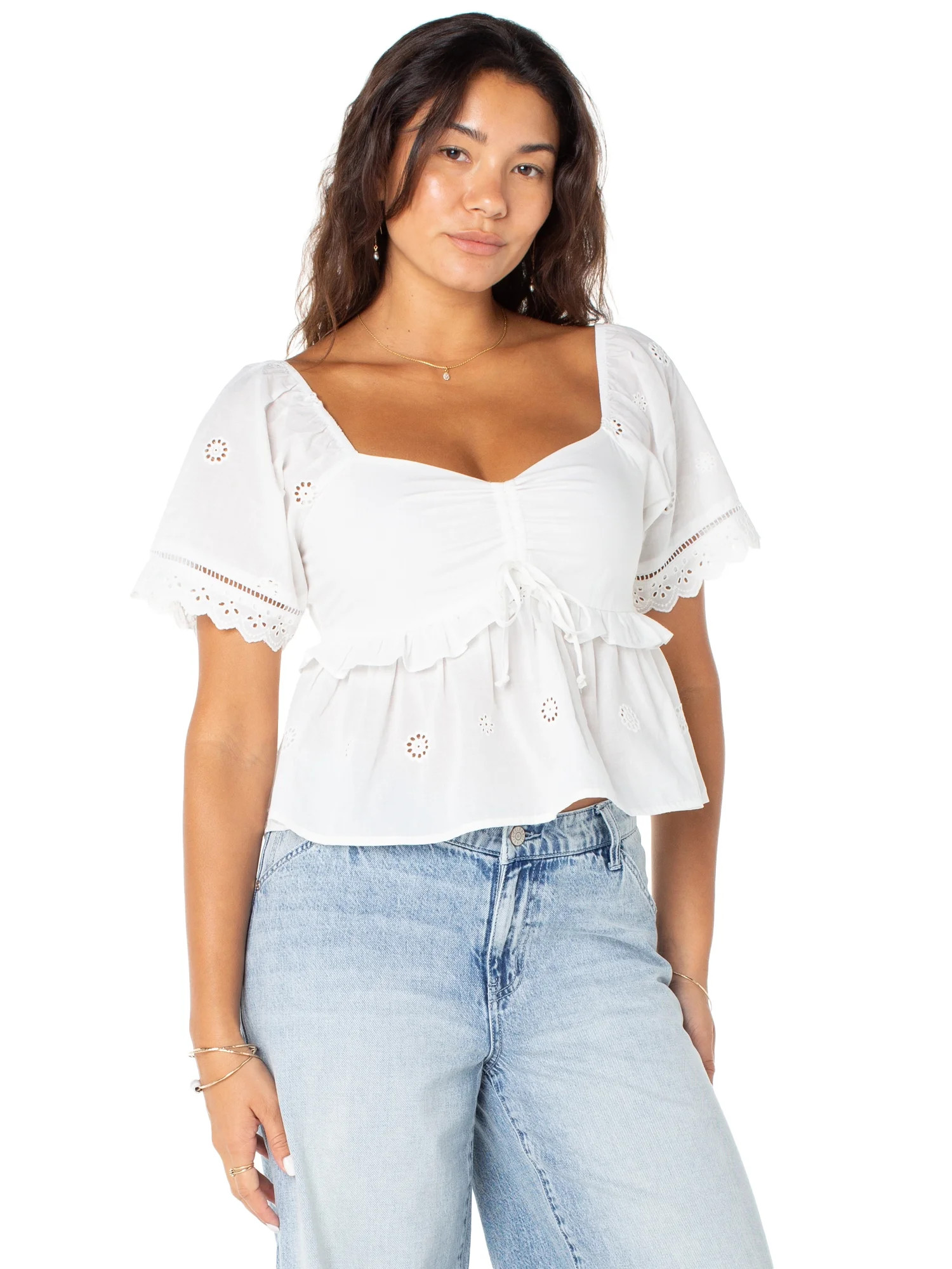 Celebrity Pink Women's Embroidered Eyelet Peplum Top, Sizes XS-XXXL - Walmart.com | Walmart (US)