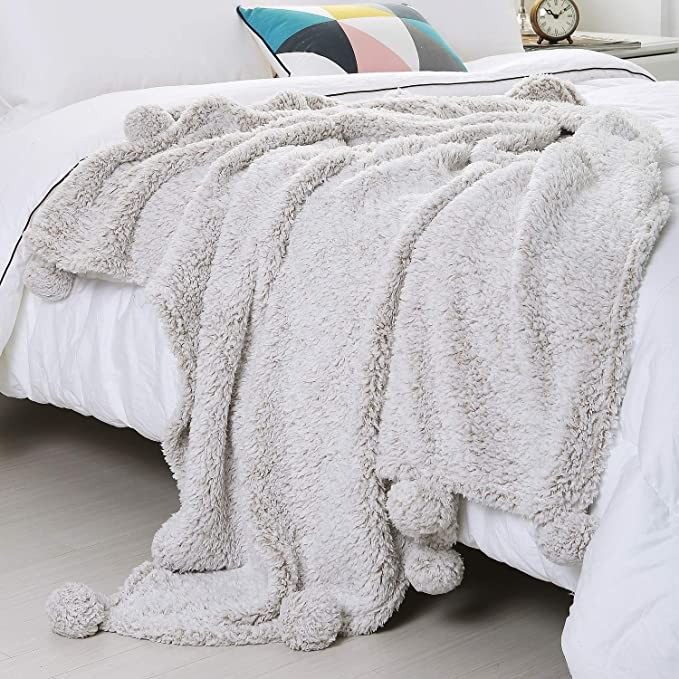 SEDONA HOUSE Back Printing Sherpa Throw Blanket with Pompom Textured Blanket (Tan) | Amazon (US)