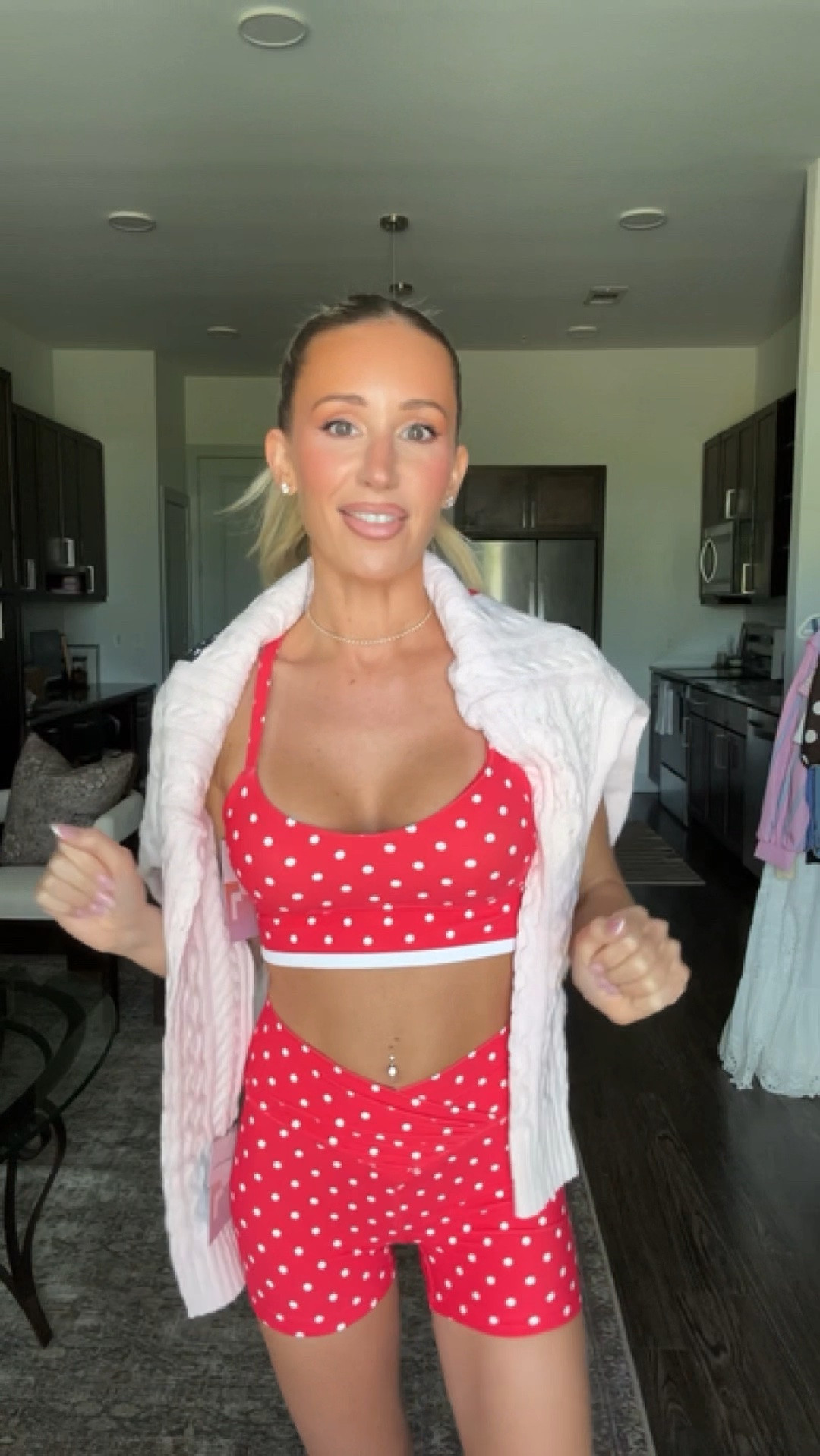 Okayyyy @Target 🙌🏼❤️🇺🇸 this polka dot athletic set is everything! Flag sweater in baby pink? Say less. 
Wearing an XS in everything. 

Target finds. Target fashion. Outfit idea. Patriotic. Red. Matching set. 4th of July outfit. Memorial Day weekend outfit. Casual style. Workout set. Activewear